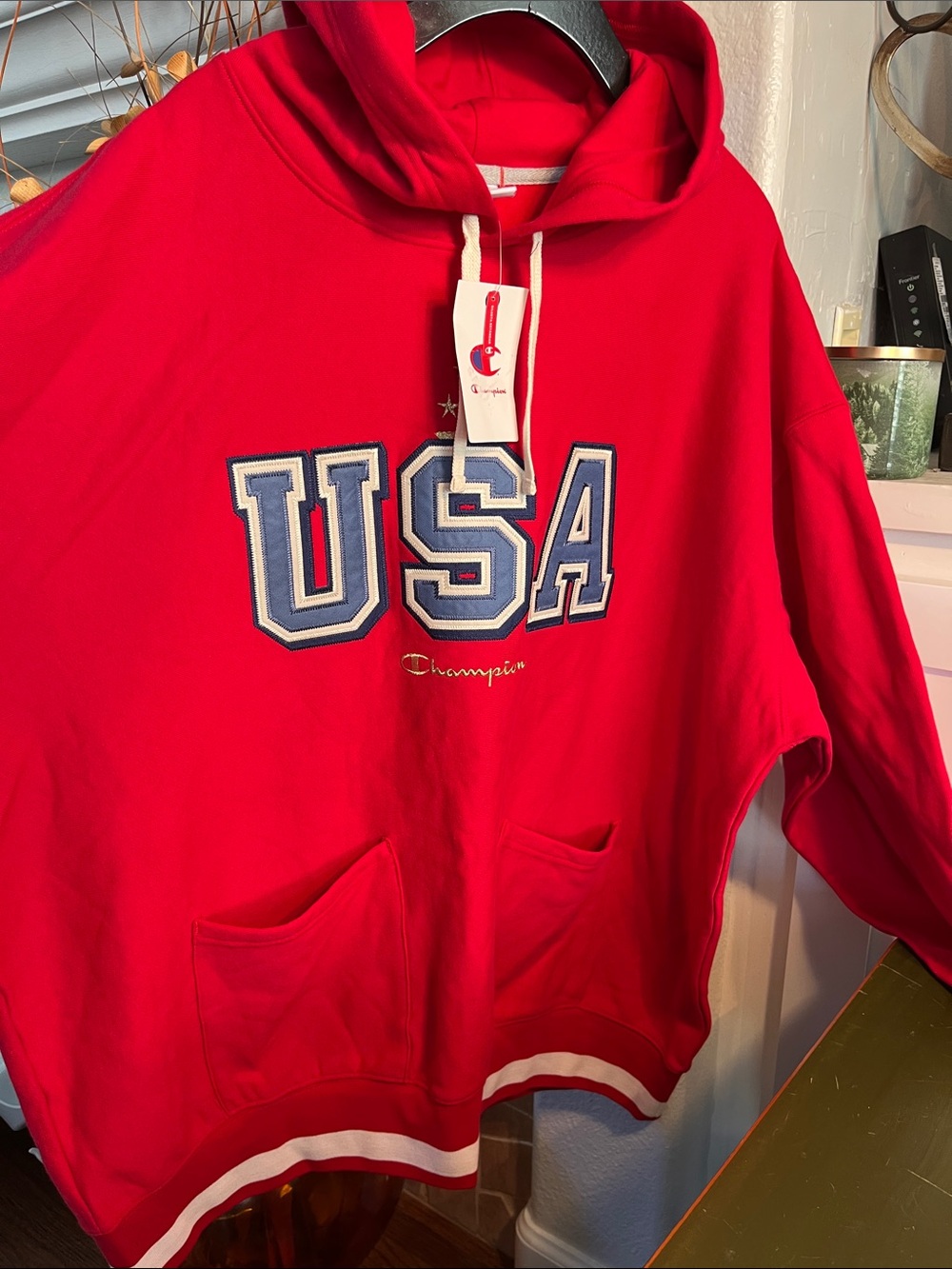 Champion Red USA Pullover Hoodie with Blue Embroidered Letters winter collection